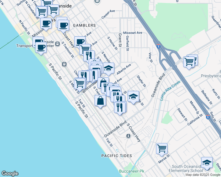 map of restaurants, bars, coffee shops, grocery stores, and more near 902 South Coast Highway in Oceanside