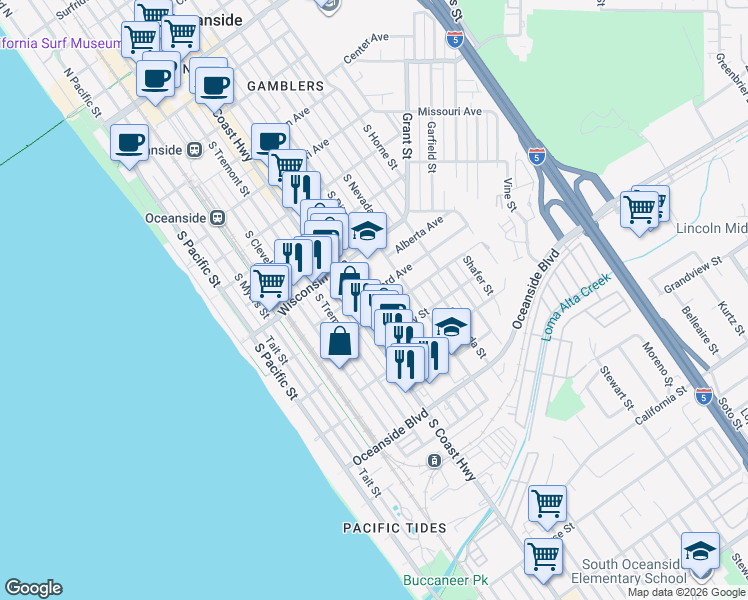 map of restaurants, bars, coffee shops, grocery stores, and more near 902 South Coast Highway in Oceanside