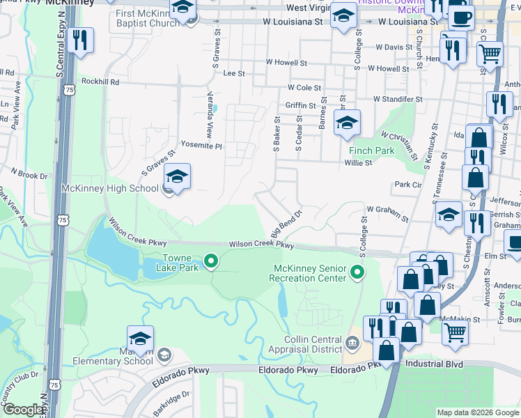 map of restaurants, bars, coffee shops, grocery stores, and more near 1205 Firewheel Place in McKinney