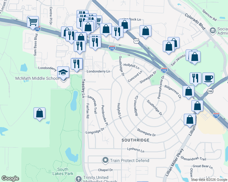 map of restaurants, bars, coffee shops, grocery stores, and more near 2101 Woodbrook Street in Denton