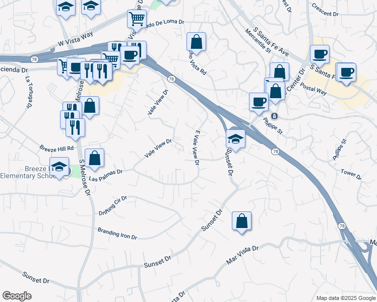 map of restaurants, bars, coffee shops, grocery stores, and more near 1018 Vale View Drive in Vista