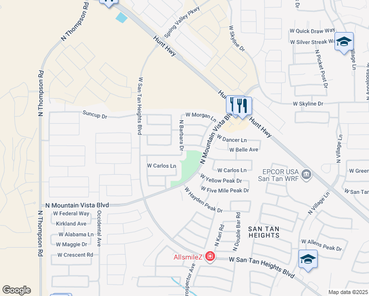 map of restaurants, bars, coffee shops, grocery stores, and more near 3581 West Belle Avenue in Queen Creek