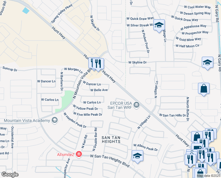 map of restaurants, bars, coffee shops, grocery stores, and more near 33881 North Washington View Road in Queen Creek