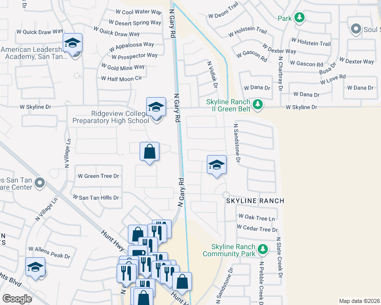 map of restaurants, bars, coffee shops, grocery stores, and more near 1265 West Desert Basin Drive in San Tan Valley