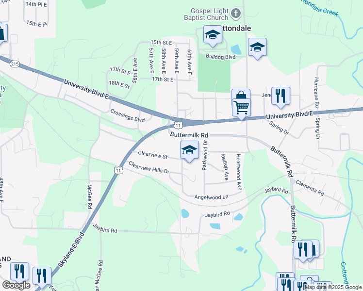 map of restaurants, bars, coffee shops, grocery stores, and more near 2224 Cottondale Lane in Tuscaloosa