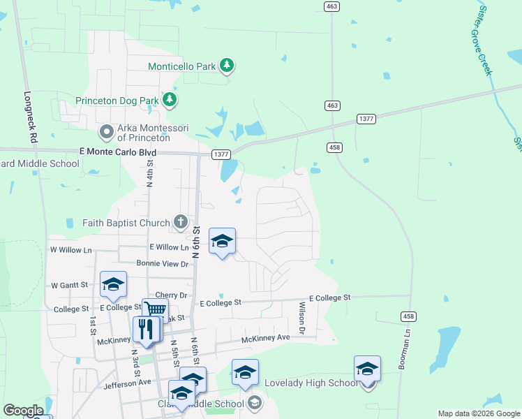 map of restaurants, bars, coffee shops, grocery stores, and more near 839 Farm to Market Road 1377 in Princeton