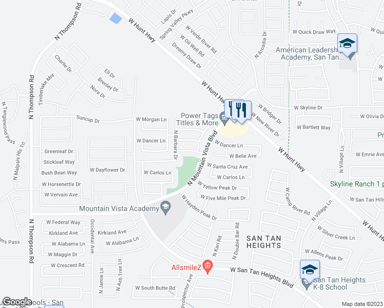 map of restaurants, bars, coffee shops, grocery stores, and more near 3495 West Belle Avenue in Queen Creek
