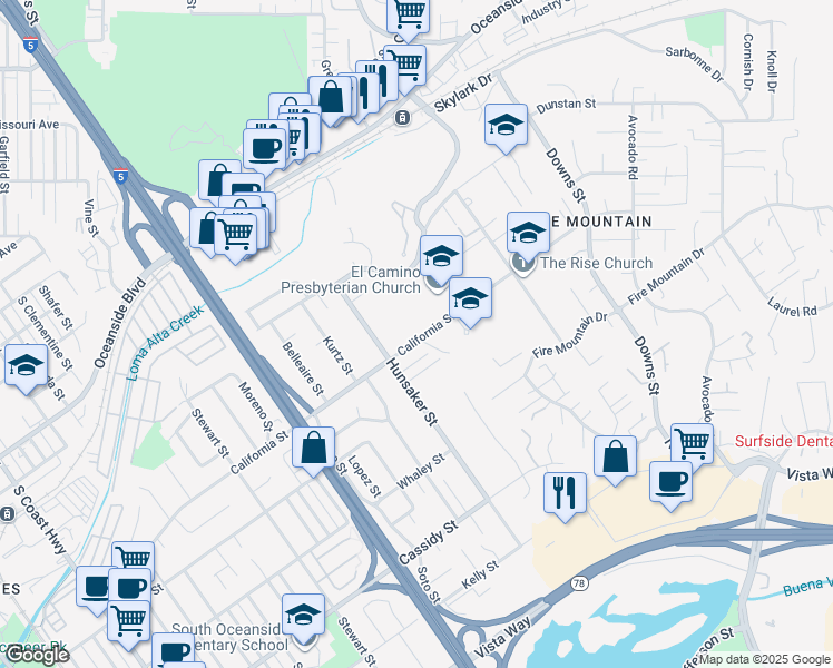 map of restaurants, bars, coffee shops, grocery stores, and more near 1832 California Street in Oceanside