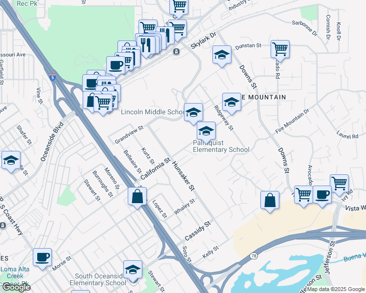 map of restaurants, bars, coffee shops, grocery stores, and more near 1832 California Street in Oceanside