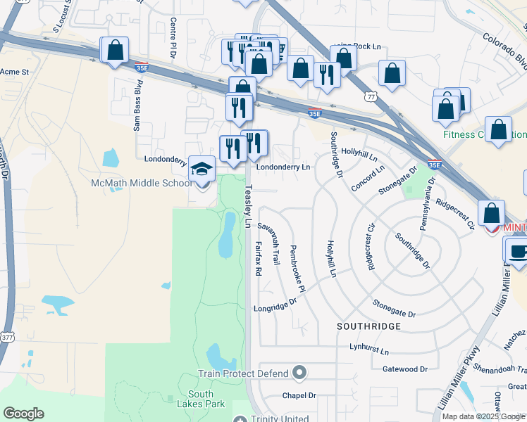 map of restaurants, bars, coffee shops, grocery stores, and more near 2016 Pembrooke Place in Denton