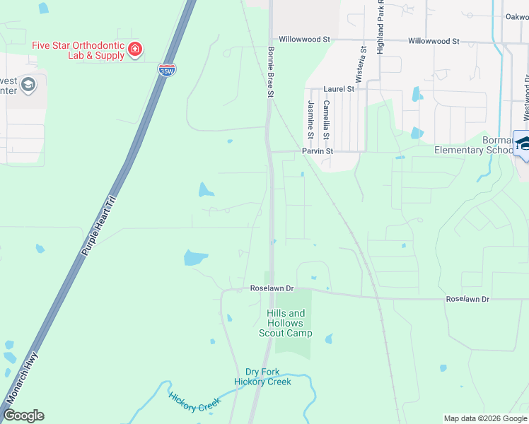 map of restaurants, bars, coffee shops, grocery stores, and more near 2600 South Bonnie Brae Street in Denton