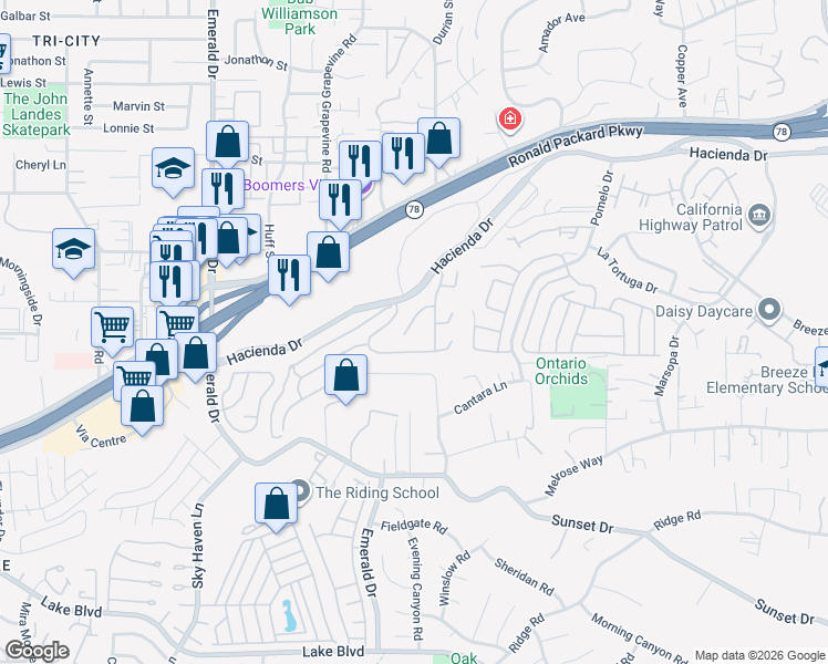 map of restaurants, bars, coffee shops, grocery stores, and more near 1640 Magnolia Circle in Vista