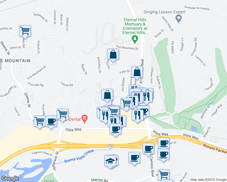 map of restaurants, bars, coffee shops, grocery stores, and more near 2156 Via Camino Verde in Oceanside