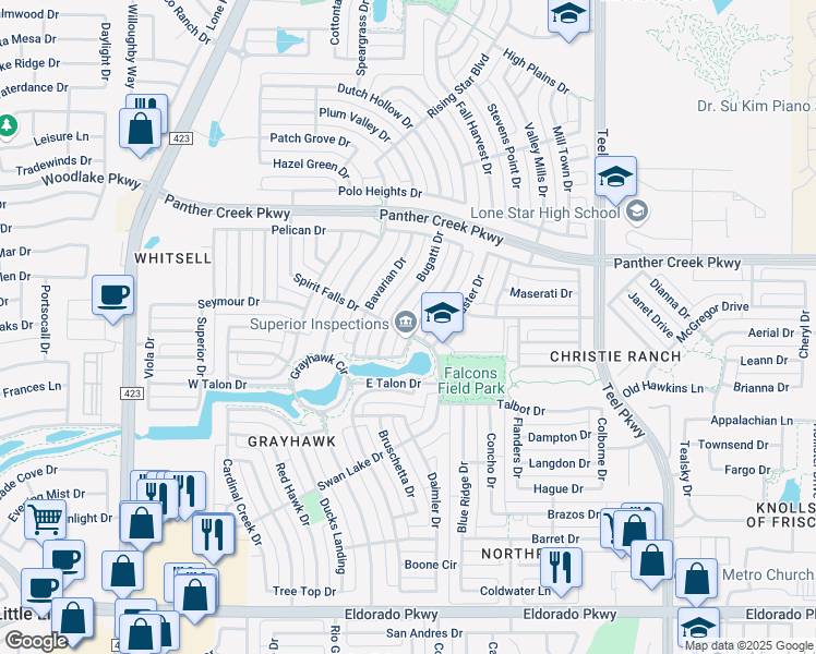 map of restaurants, bars, coffee shops, grocery stores, and more near 13107 Mannheim Drive in Frisco