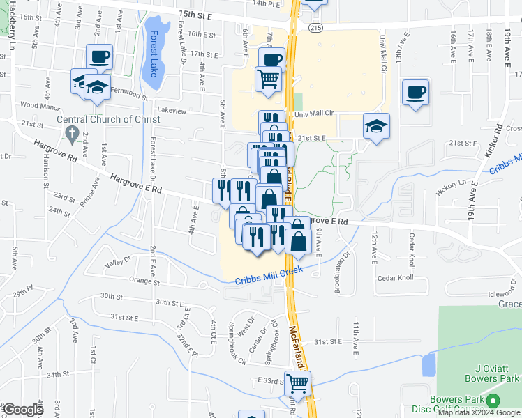 map of restaurants, bars, coffee shops, grocery stores, and more near 602 Hargrove Road East in Tuscaloosa