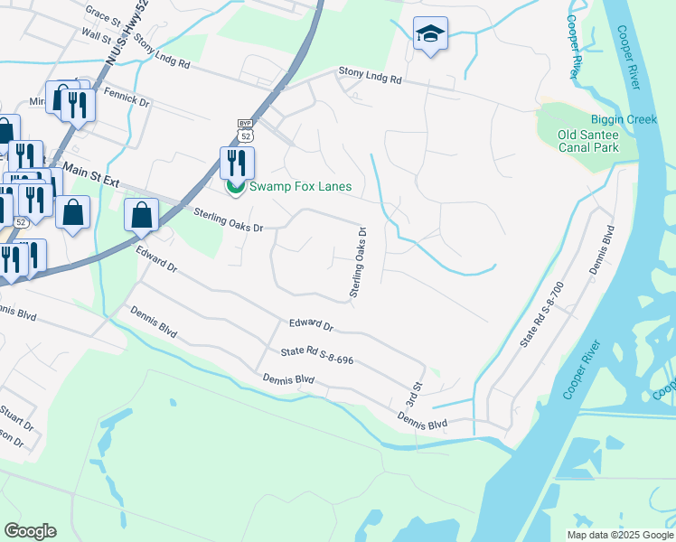 map of restaurants, bars, coffee shops, grocery stores, and more near 1604 Scarlet Oak Court in Moncks Corner