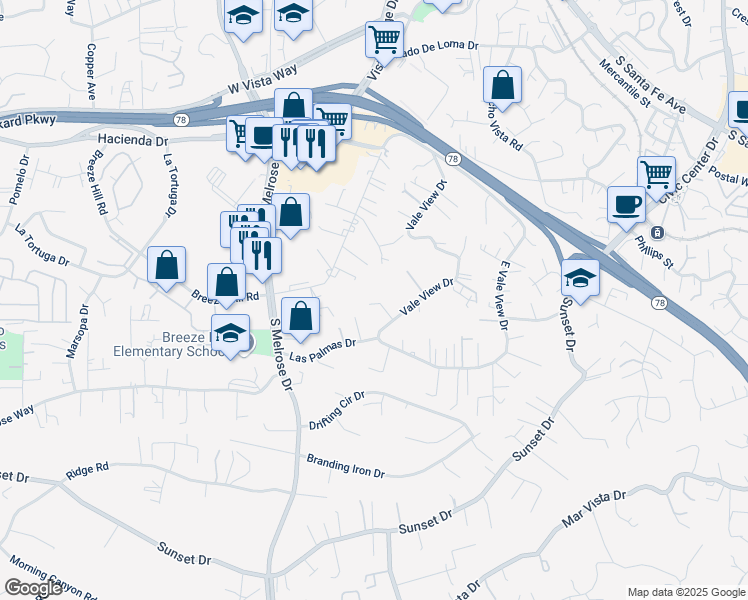 map of restaurants, bars, coffee shops, grocery stores, and more near 731 Vale View Dr in Vista