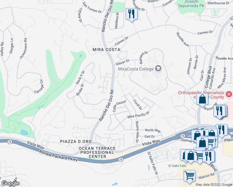 map of restaurants, bars, coffee shops, grocery stores, and more near 3398 Golfers Drive in Oceanside