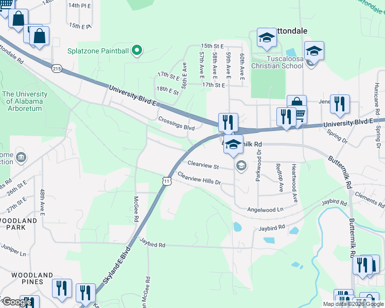 map of restaurants, bars, coffee shops, grocery stores, and more near 5601 Skyland East Boulevard in Cottondale