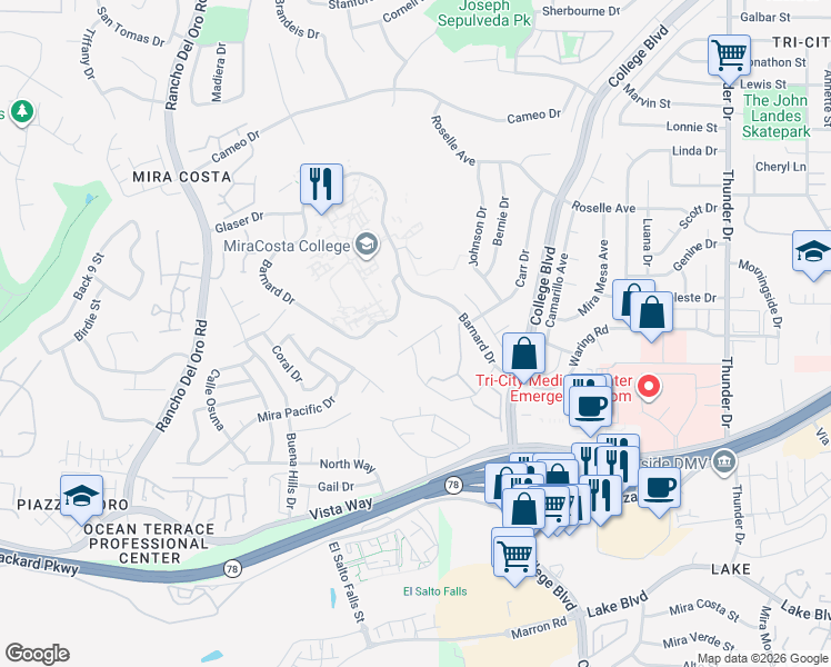 map of restaurants, bars, coffee shops, grocery stores, and more near 3540 Strawberry Place in Oceanside