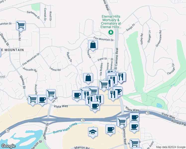 map of restaurants, bars, coffee shops, grocery stores, and more near 2163 Via Esmarca in Oceanside
