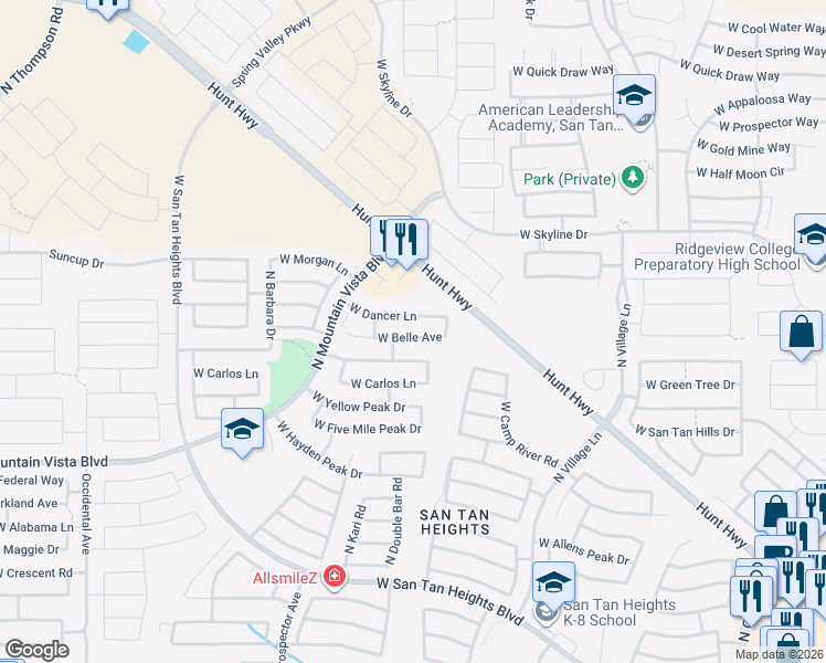 map of restaurants, bars, coffee shops, grocery stores, and more near 3074 West Belle Avenue in San Tan Valley