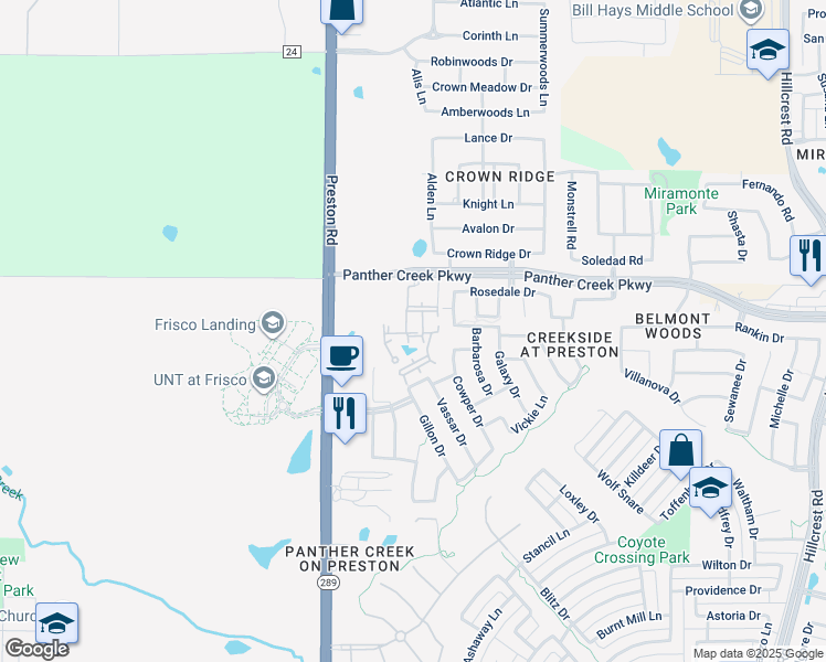 map of restaurants, bars, coffee shops, grocery stores, and more near 9415 Panther Creek Parkway in Frisco