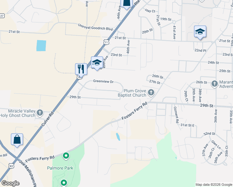 map of restaurants, bars, coffee shops, grocery stores, and more near 4606 Greenview Drive in Tuscaloosa