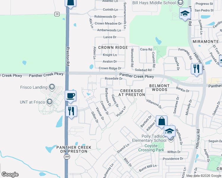 map of restaurants, bars, coffee shops, grocery stores, and more near 13203 Galaxy Drive in Frisco