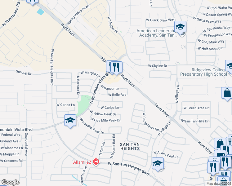 map of restaurants, bars, coffee shops, grocery stores, and more near 3156 West Belle Avenue in San Tan Valley