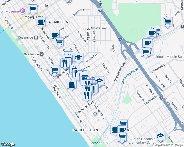 map of restaurants, bars, coffee shops, grocery stores, and more near 1008 South Ditmar Street in Oceanside