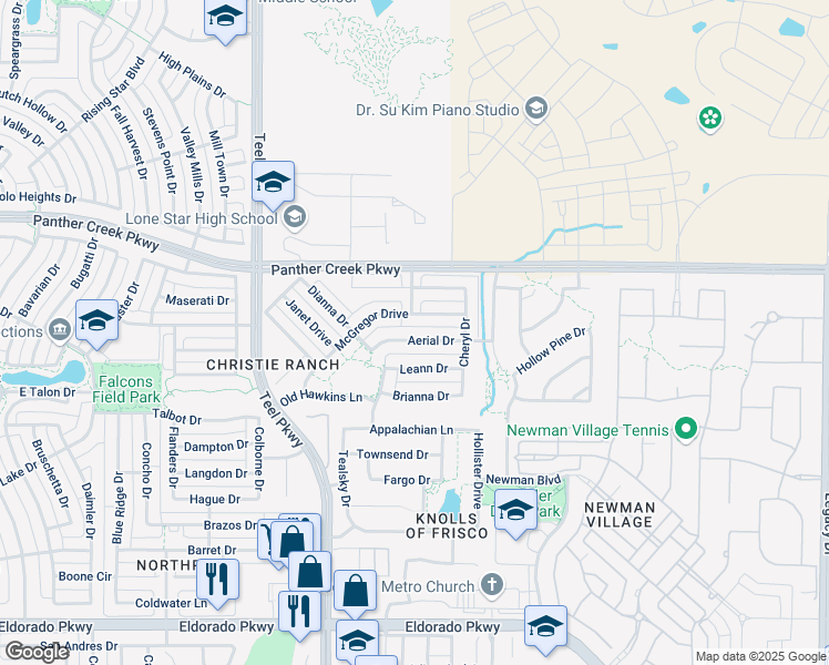 map of restaurants, bars, coffee shops, grocery stores, and more near 2994 Aerial Drive in Frisco