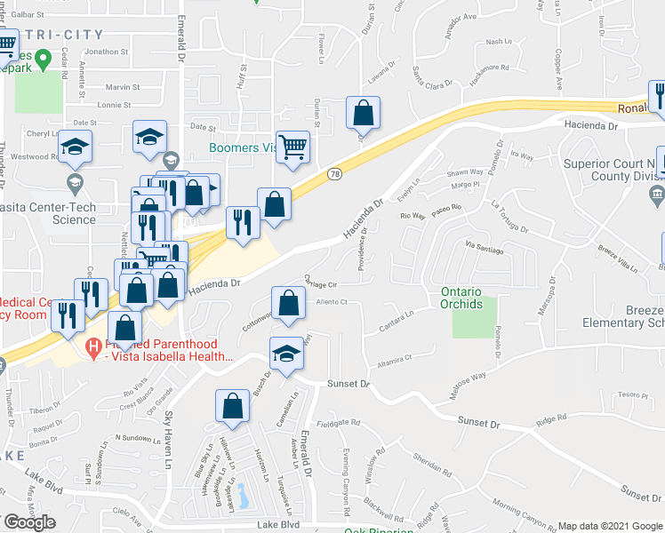 map of restaurants, bars, coffee shops, grocery stores, and more near 1645 Magnolia Circle in Vista