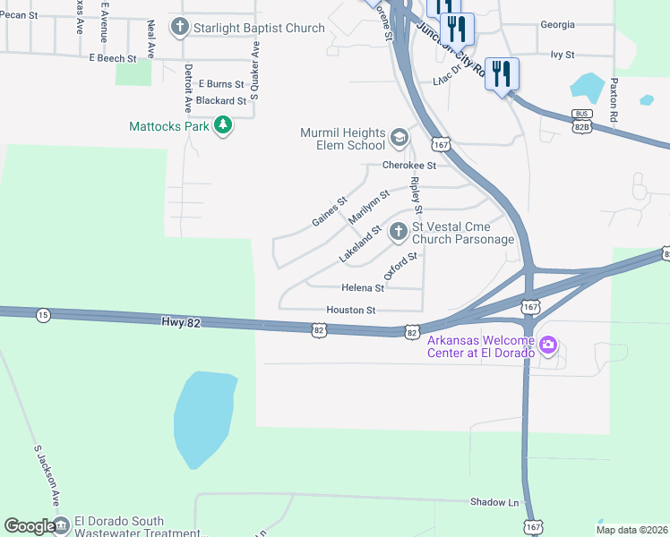 map of restaurants, bars, coffee shops, grocery stores, and more near 2105 Lakeland Street in El Dorado