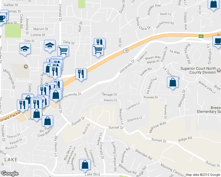 map of restaurants, bars, coffee shops, grocery stores, and more near 1645 Magnolia Circle in Vista