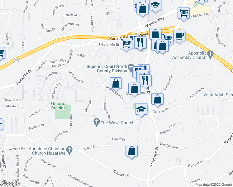 map of restaurants, bars, coffee shops, grocery stores, and more near 740 Breeze Hill Road in Vista