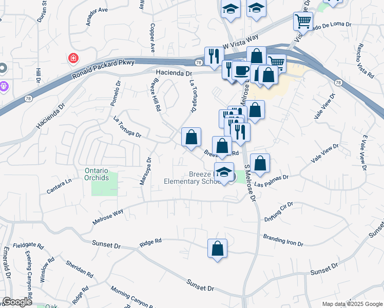 map of restaurants, bars, coffee shops, grocery stores, and more near 750 Breeze Hill Road in Vista