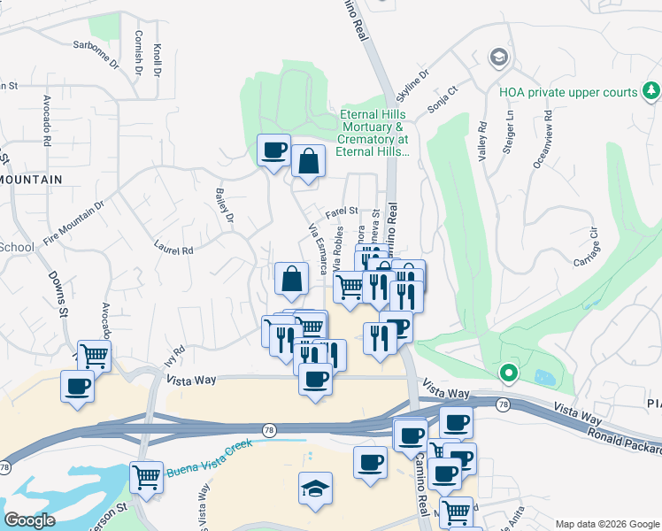 map of restaurants, bars, coffee shops, grocery stores, and more near 2161 Via Robles in Oceanside