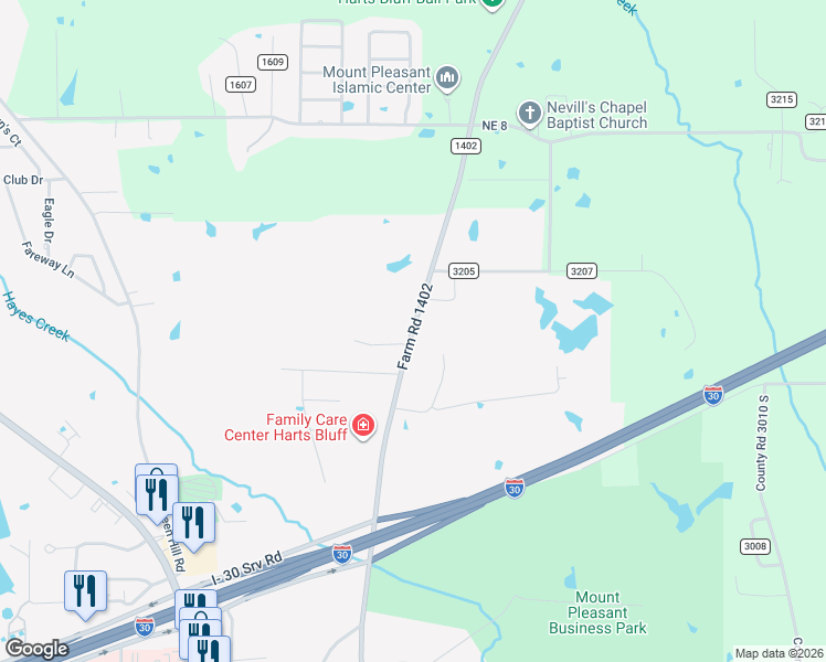 map of restaurants, bars, coffee shops, grocery stores, and more near Farm to Market Road 1402 in Mount Pleasant