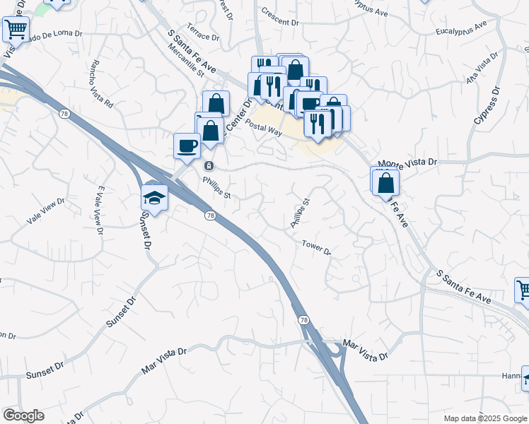 map of restaurants, bars, coffee shops, grocery stores, and more near 1001 Phillips Street in Vista