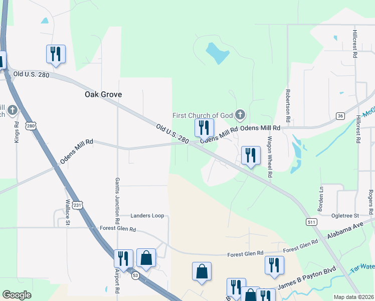 map of restaurants, bars, coffee shops, grocery stores, and more near 2895-2939 Old Birmingham Highway in Sylacauga