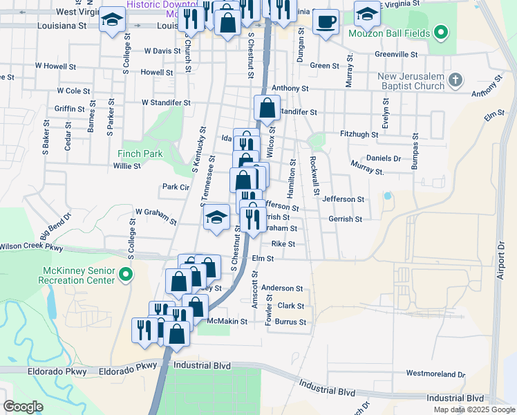 map of restaurants, bars, coffee shops, grocery stores, and more near 1009 South McDonald Street in McKinney