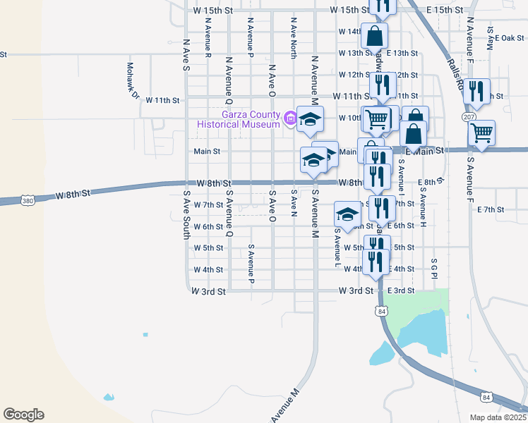 map of restaurants, bars, coffee shops, grocery stores, and more near 301-399 South Ave O in Post