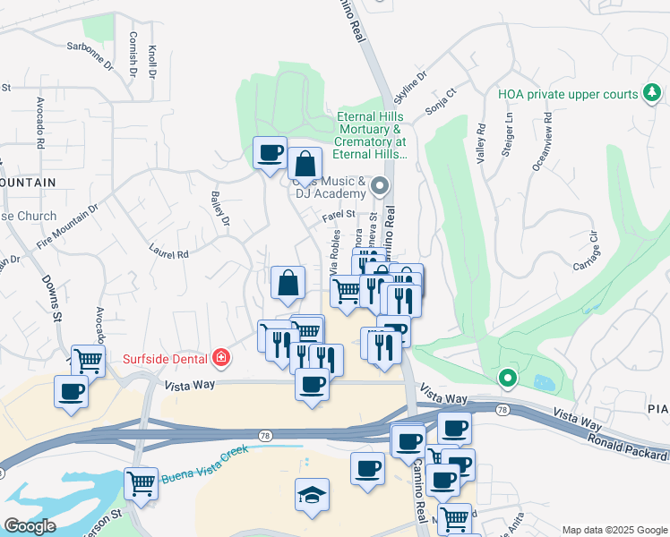 map of restaurants, bars, coffee shops, grocery stores, and more near 2177 Via Sonora in Oceanside