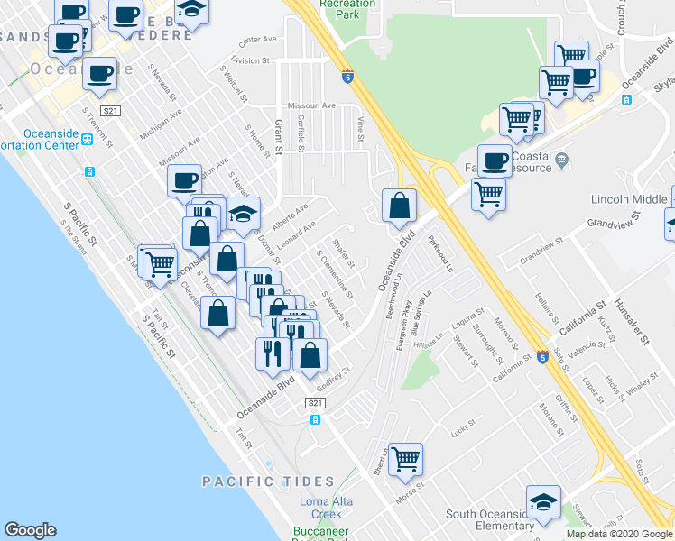 map of restaurants, bars, coffee shops, grocery stores, and more near 1039 South Clementine Street in Oceanside