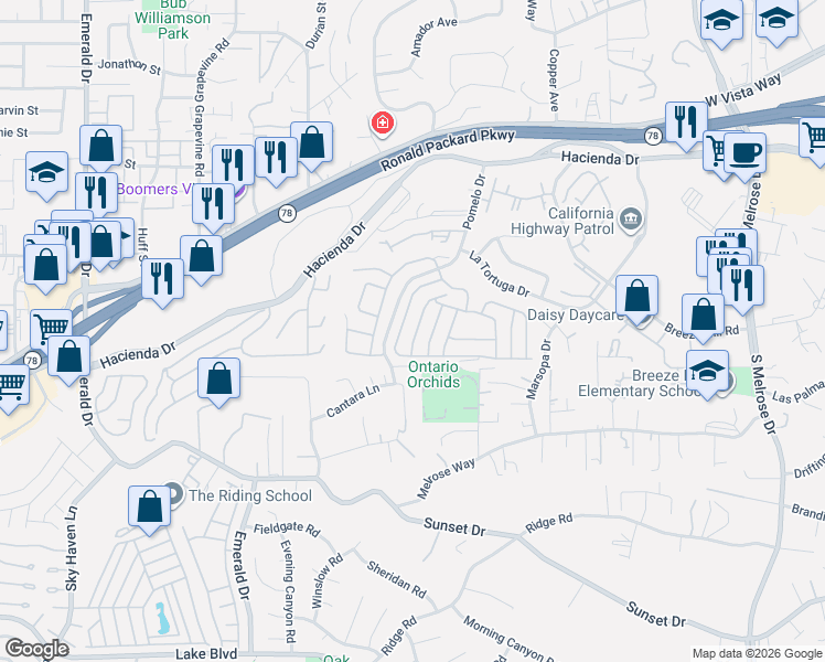 map of restaurants, bars, coffee shops, grocery stores, and more near 634 Via Santa Cruz in Vista