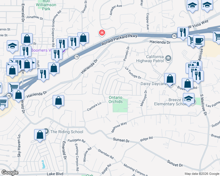 map of restaurants, bars, coffee shops, grocery stores, and more near 634 Via Santa Cruz in Vista