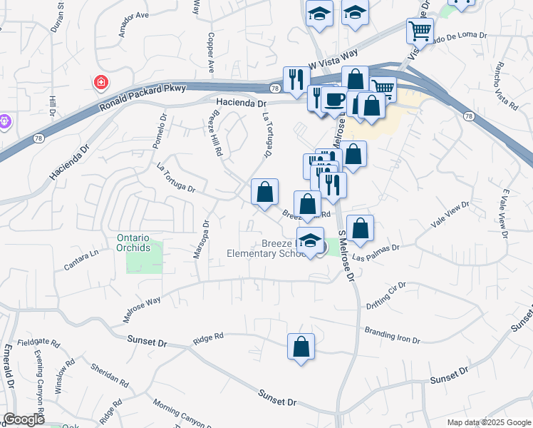 map of restaurants, bars, coffee shops, grocery stores, and more near 740 Breeze Hill Road in Vista