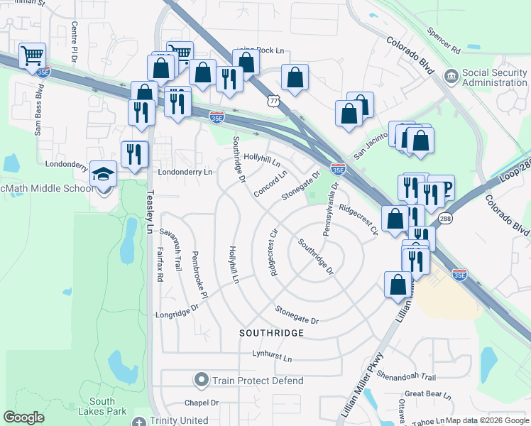 map of restaurants, bars, coffee shops, grocery stores, and more near Stonegate Drive in Denton