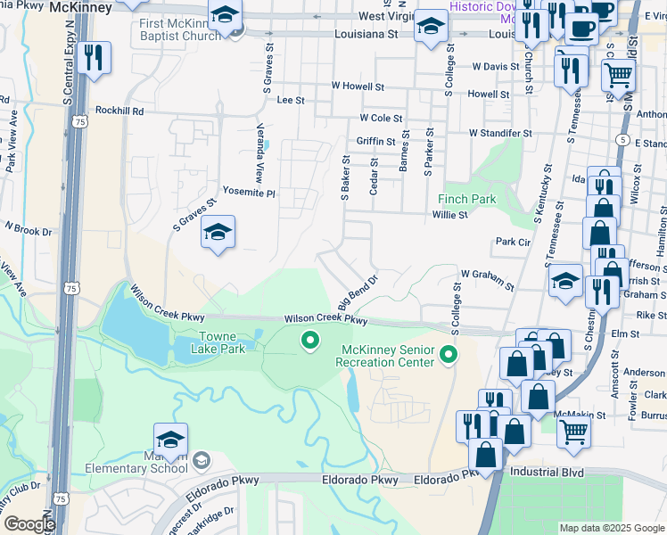 map of restaurants, bars, coffee shops, grocery stores, and more near 1205 Firewheel Place in McKinney